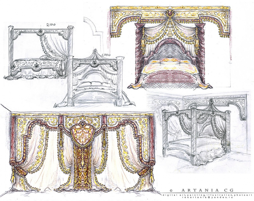 Дизайн-проект классической спальни-ручная графика